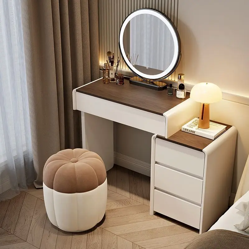 Moderner Europäischer Luxus-Schminktisch 60/70/80cm mit LED-Spiegel, Cremefarbener Holz-Make-up-Schrank für Kleine Wohnungen und Schlafzimmer
