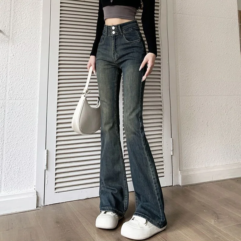 Mädchen High-Waist Einfarbige Schlagjeans Bestseller Damen Doppelknopf Gerade Hosen Weibliche Schicke Koreanische Freizeithosen Image