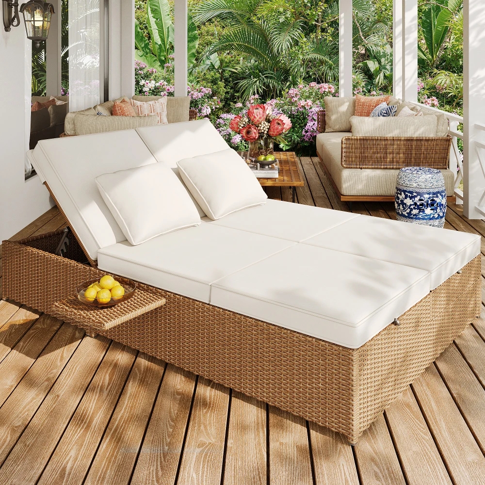 Outdoor-Garten-Lounge-Doppelbett, Rattan-Outdoor-Lounge-Bett, Rattan-Sofa, Wetterfest, Klappbar, mit Kissen, Sonnenliege
