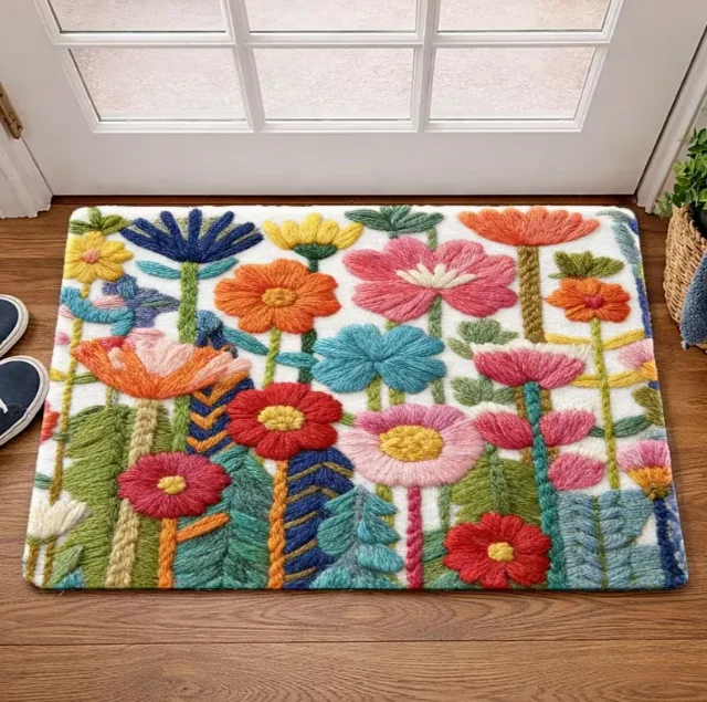 Flanell-Fußmatte mit Blumenstickerei für Schlafzimmer, Wohnzimmer, Küchen, Balkone, Flure, Büros, Außenbereiche und Teppiche Image