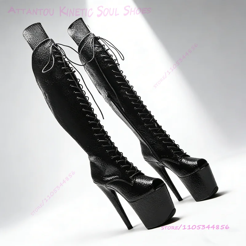 Solider schwarzer Schlangenleder-Stiefel mit Streifen, 20 cm (8 Zoll), dunkelrotes, mattes Leder, Pole-Dance-Plateau, Stiletto-Absatz, Kreuzriemen, Reißverschluss-Schuh