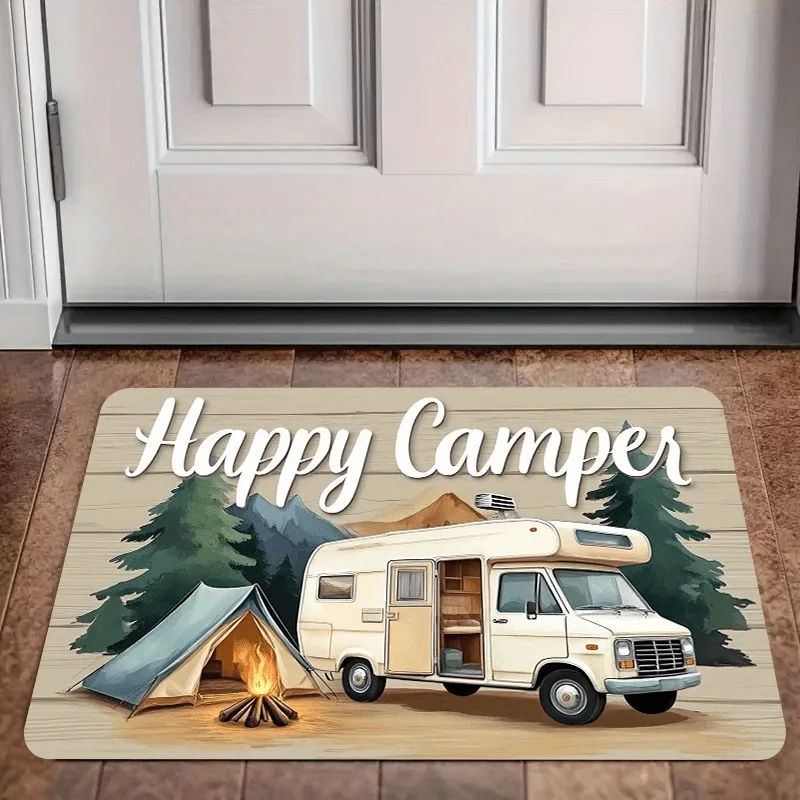 Happy Camping Türmatte, Willkommensmatte, Retro-Camping-Auto-Kiefern-Design, geeignet für den Innen- und Außenbereich, Camping-Wald-Themen-Dekoration Image