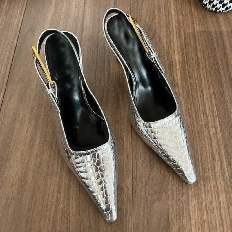 2025, neue Damen-Sandale mit hohen Absätzen, spitzer Zehenbereich, flacher Slip auf Damen-Slingback-Sandale, Schuhe mit dünnem Med-Absatz, Kleid, Pantoletten, Party-Pumps