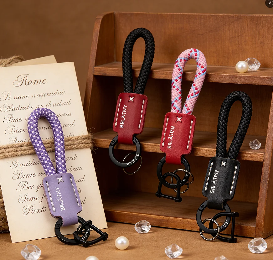 Hochwertiger Schlüsselanhänger mit hängendem Seil, handgewebter Rindsleder-Schlüsselanhänger, echtes Leder, Metall-Anhänger, Tasche, Auto-Schlüsselanhänger, Geschenk Image
