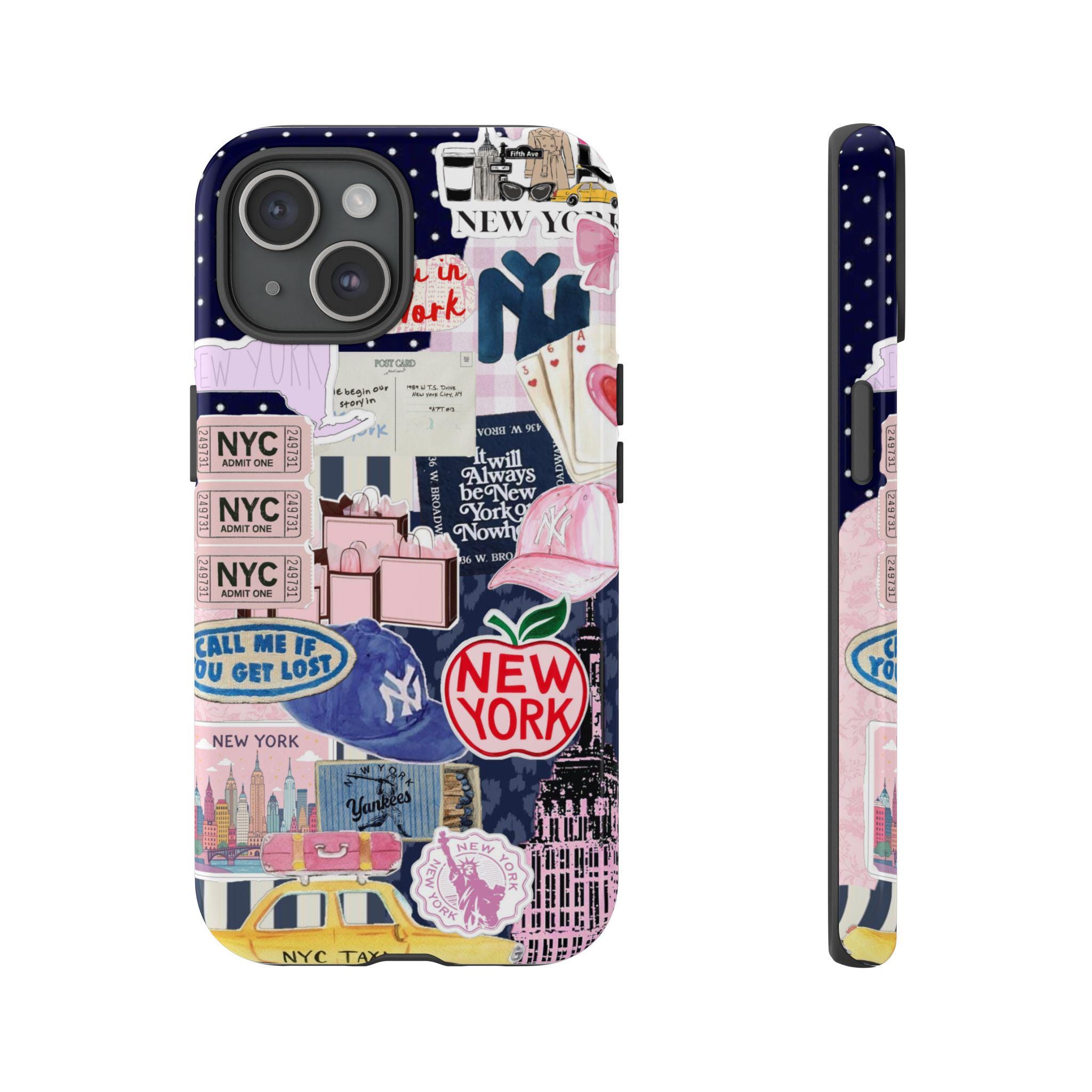 Cover per telefono con collage di New York, cover per iPhone con estetica newyorkese, design preppy rosa da ragazza di città, cover con adesivo da via