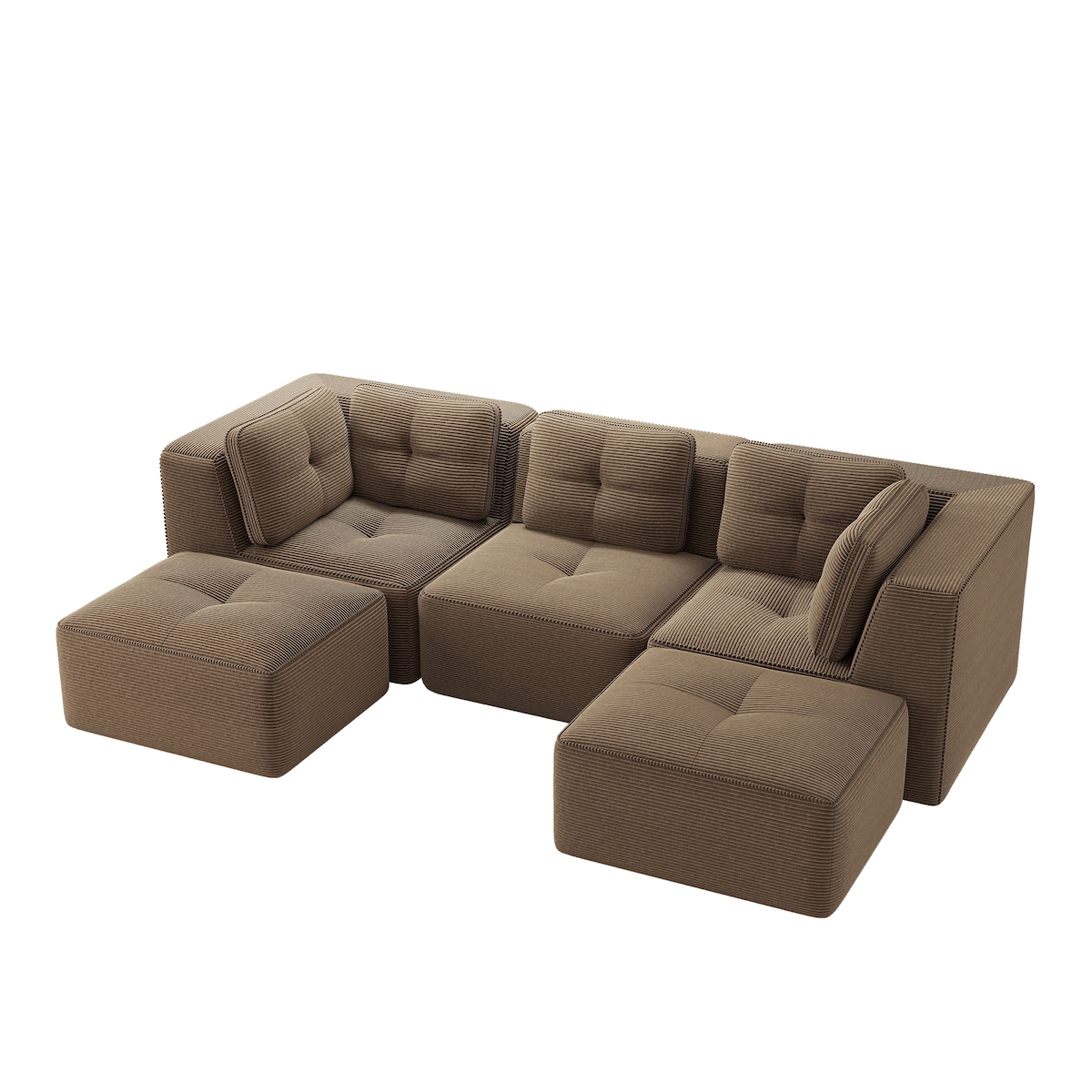 Merax 3-Sitzer Modulares Sofa mit 2x Hocker, Cloud Sofa Cord rahmenlos, Lounge Sofa bodennah, mit breiten Armlehnen, Braun Image