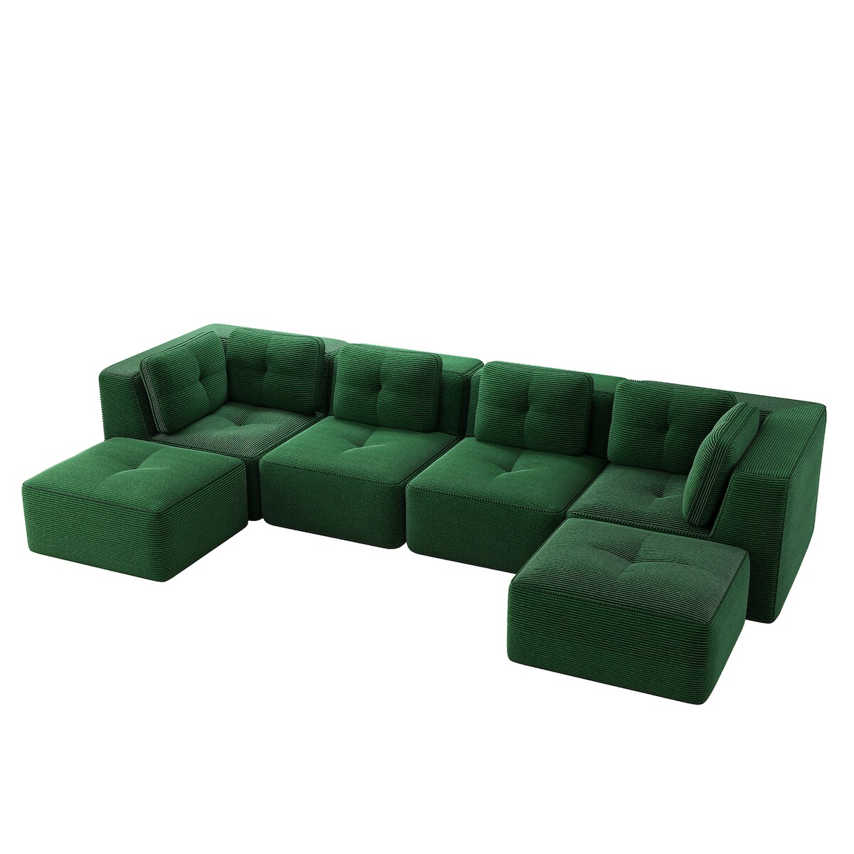 Merax 4-Sitzer Modulares Sofa mit 2x Hocker, Cloud Sofa Cord rahmenlos, Lounge Sofa bodennah, mit breiten Armlehnen, Grün Image