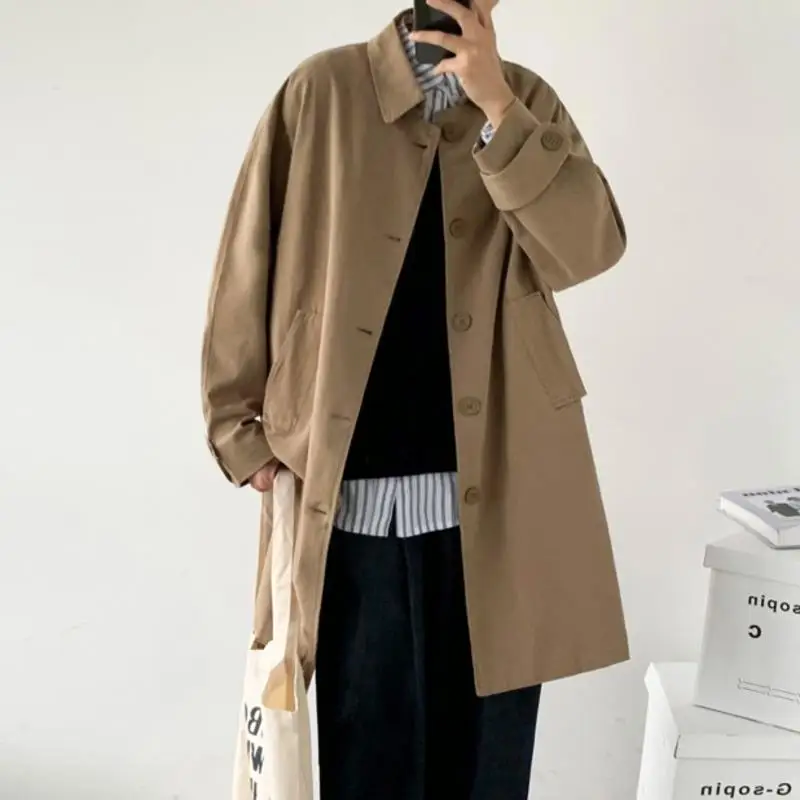 Vêtements pour hommes 2025 automne mode nouveau simple boutonnage Trench vêtements mâle Long manteau ample pardessus tendance beau décontracté coupe-vent