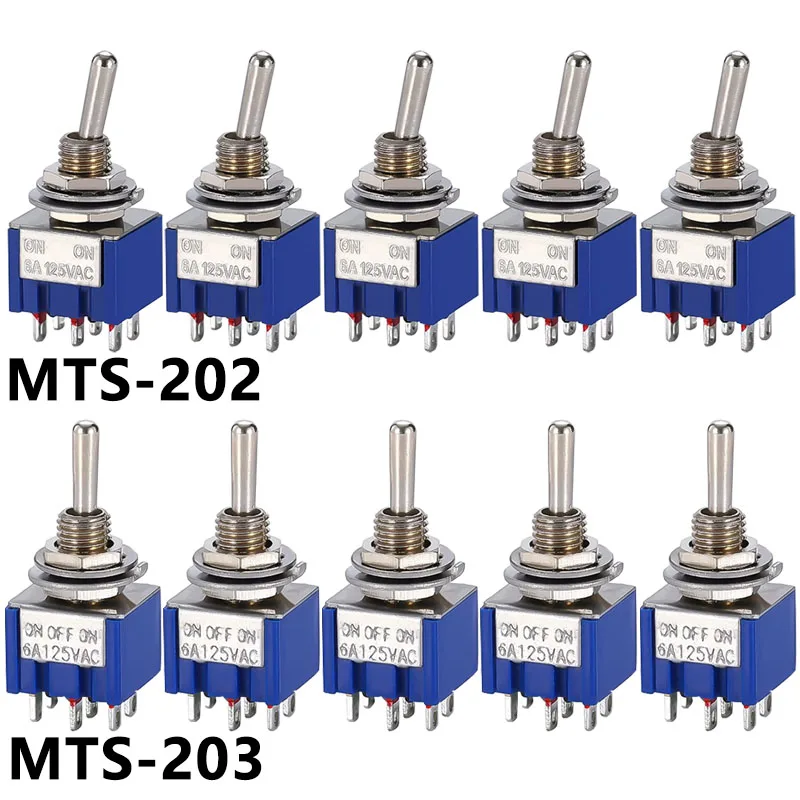 5/10 PZ, Interruttori a levetta, Blu profondo, Mini, 6 Pin, ON-ON/ON-OFF-ON, DPDT, Pulsante interruttore di alimentazione, 3A/250V, 6A/125V AC, MTS-202, Interruttore