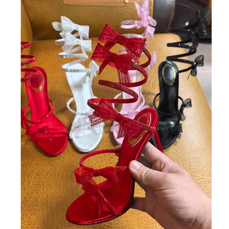 Eilyken Sexy Offene spitze Dünne High Heels Frauen Sandalen Street Style Schmetterling-knoten KRISTALL Ankle Strap Stripper Schuhe