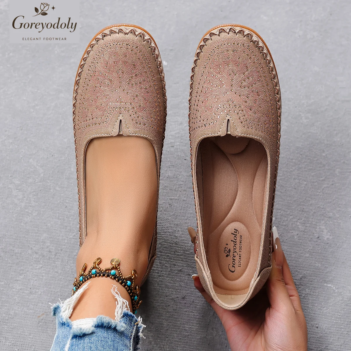 Goreyodoly Damen-Loafer, flache Schuhe mit weitem Schnitt, bestickte Strass-Details, elastische Slip-On-Schuhe, leichte, bequeme Schuhe mit weicher Sohle