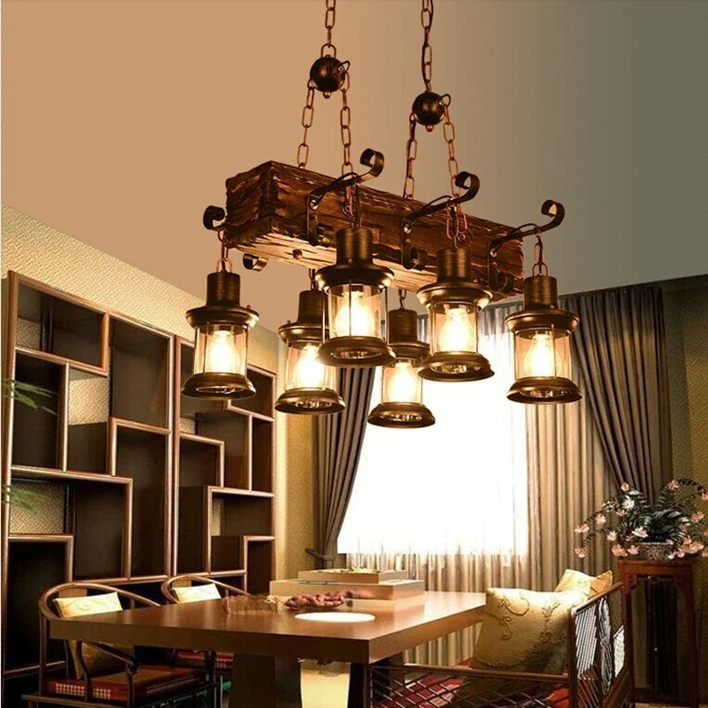 Retro Holz Pendelleuchte Industrie Eisen LED Rad Pendelleuchte für Restaurant Bar Café Glas Massivholz Eisen Kronleuchter