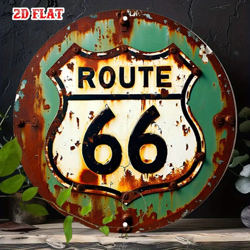 Vintage Route 66 Metallschild 7,87 Zoll, rustikale grün-weiße verwitterte Aluminium-Wanddekoration für Zuhause, Garage, Café