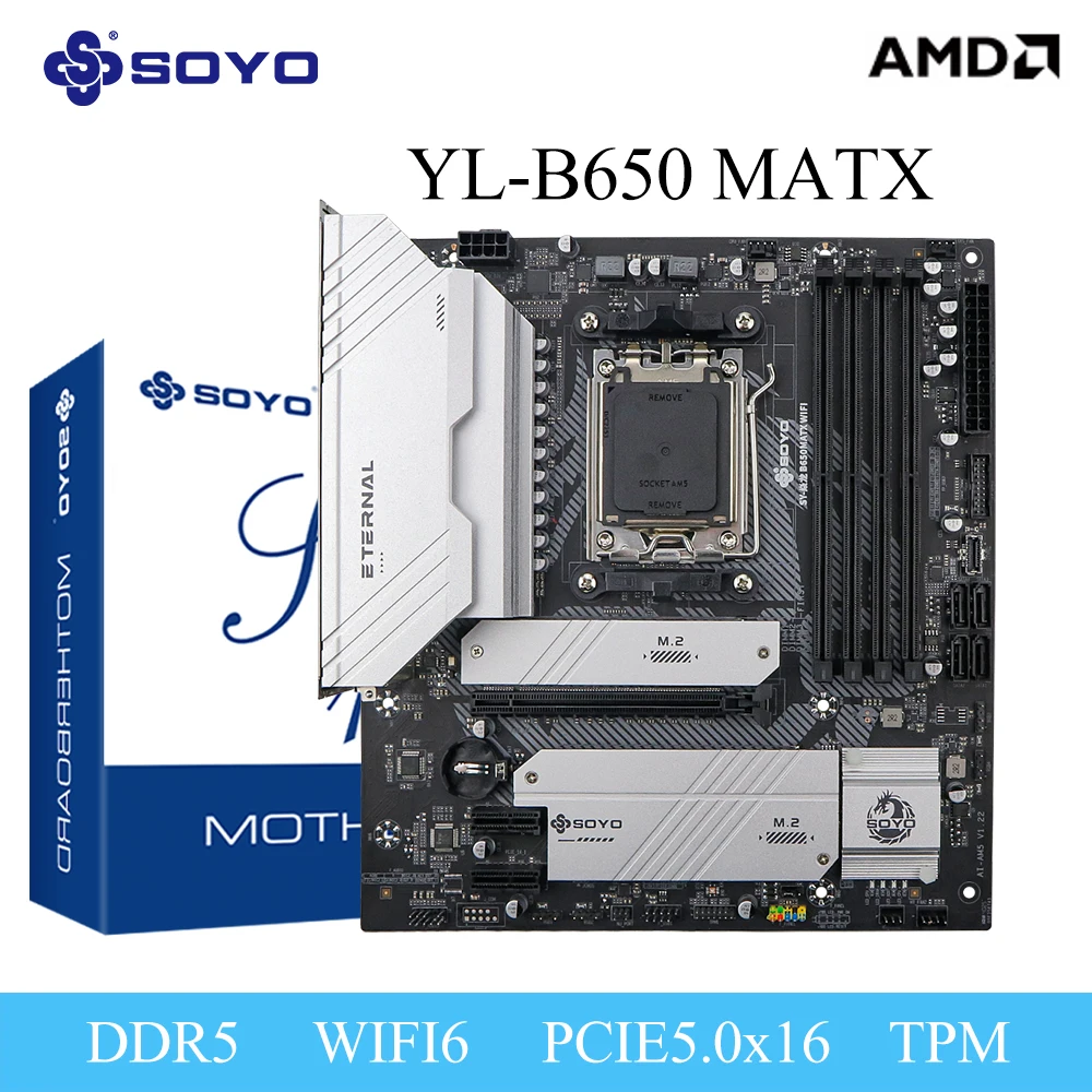 SOYO B650M ATX AMD Motherboard Ryzen AM5 DDR5 PCIE-16X5.0 SATA3.0 M.2 ARGB WIFI6 HDMI DP Type-C AUD10 PC Gamer Computer USB3.2