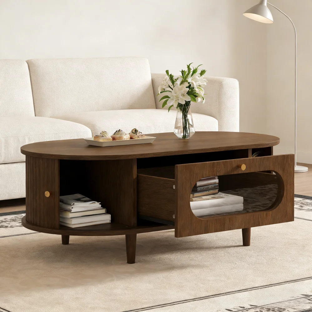 Wohnzimmer-Couchtisch mit Schubladen, Sofatisch mit Rolltür, Beistelltisch, Wohnzimmertisch mit 4 Beinen, Einfache Montage