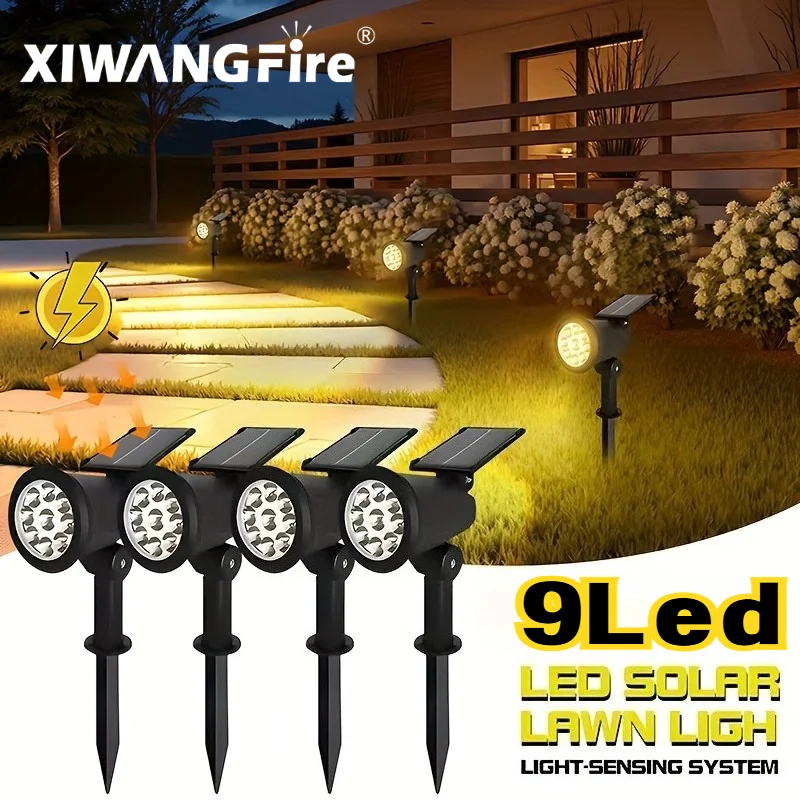 Solar 9 LED-Bodenleuchten für den Außenbereich, IP65 wasserdicht, Helligkeit einstellbar, Spotlicht für Garten, Hinterhof, Auffahrt, Terrassendekoration