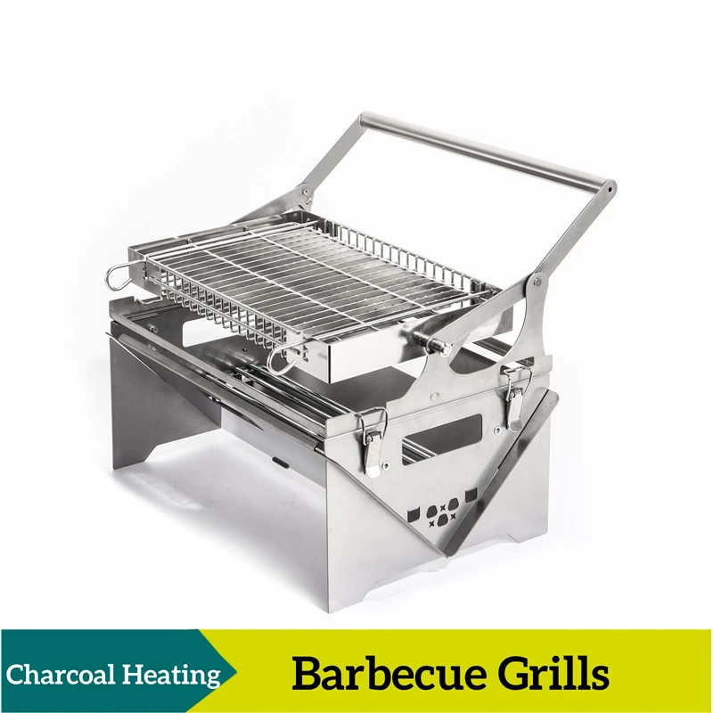 Edelstahl Holzkohlegrills Tragbarer Klappbarer Rotierender Grill Wendbarer BBQ-Grill für Outdoor-Camping und Kochen Image