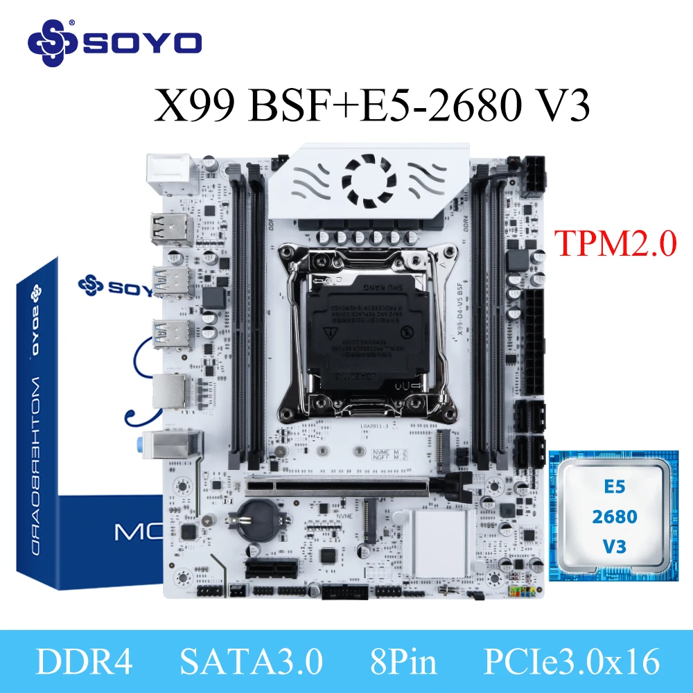 Gaming-Mainboard SOYO X99 C612 Chip, 8GB RAM, Intel Kit Xeon E5 2680 V3 CPU, DDR4, PC-Gamer, TPM2.0, PCIE X16 3.0, SATA, USB3.0