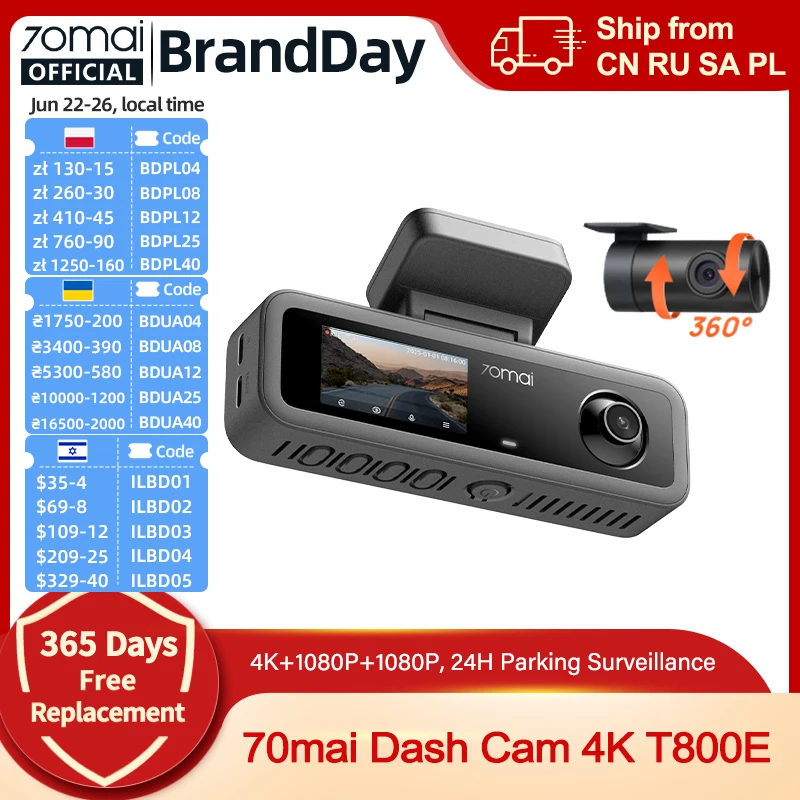 【Polnisches Lager】70mai 4K T800E 3-Kanal-Dash-Cam Front Hinter Innenraum Sprachsteuerung 24H Parküberwachung 3-in-1 4K Auto DVR 70mai T800E Image