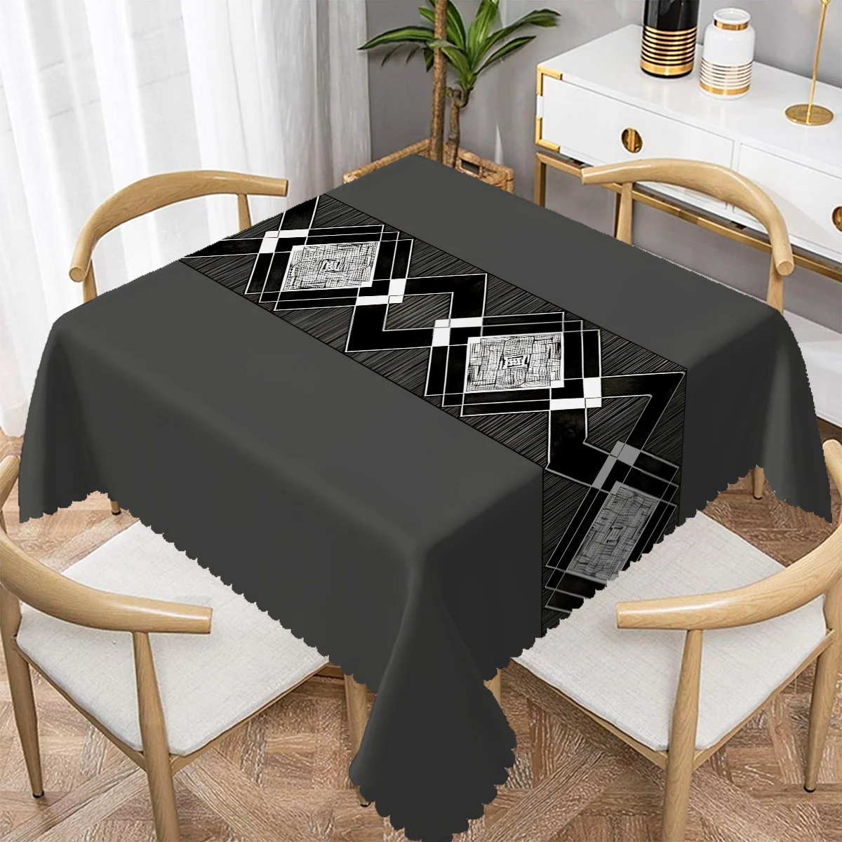 1 Stück Moderne graue geometrische Tischdecke mit Fächerkanten, bedruckte Polyester-Tischdecke für Esszimmer, Wohnzimmer, Küche, Hotel Image