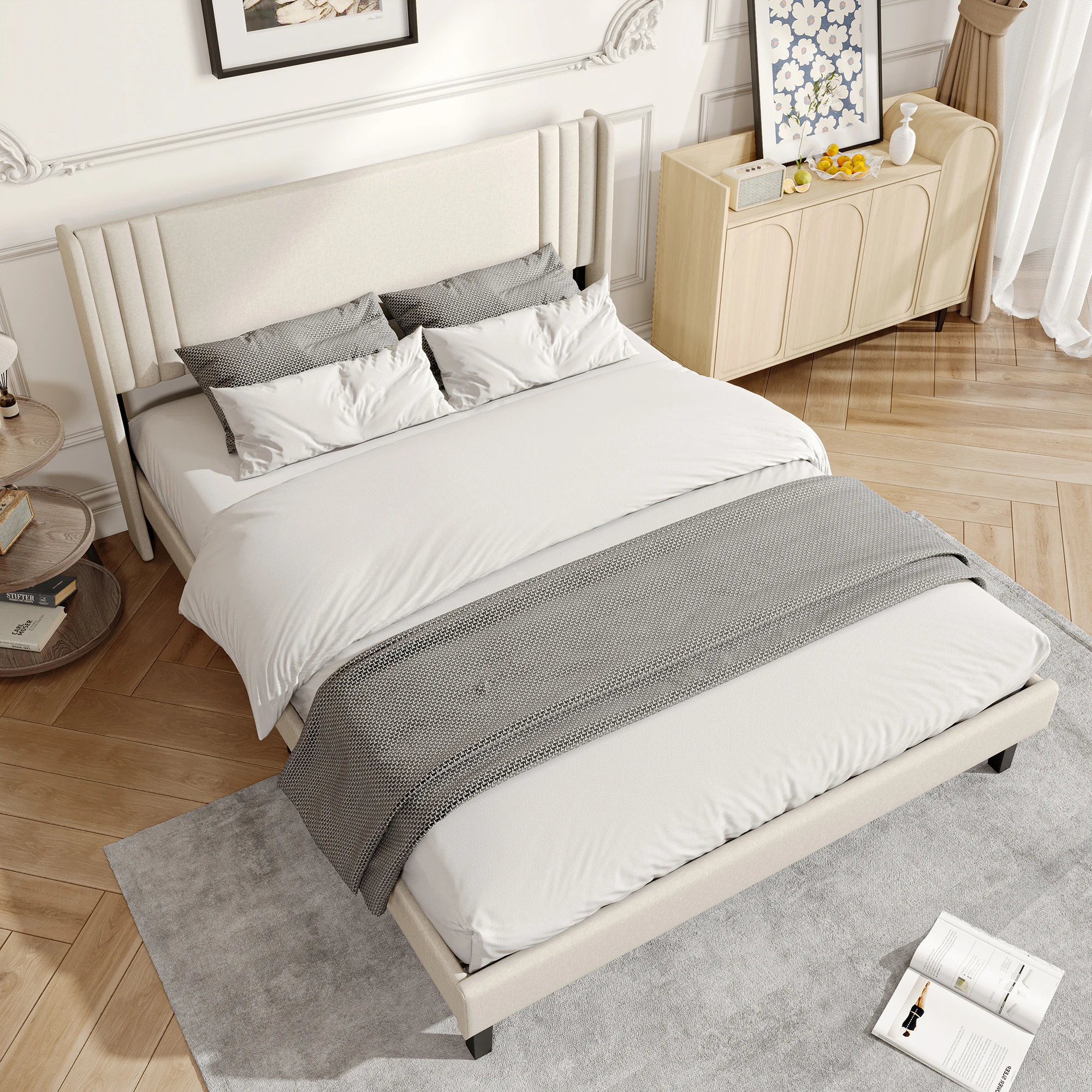 Comanlai 140×200 cm Jugendbett, modernes, minimalistisches Plattformbett aus Leinenstoff, Doppelbett, Erwachsenenbett, Schlafzimmermöbelbett, Beige Image
