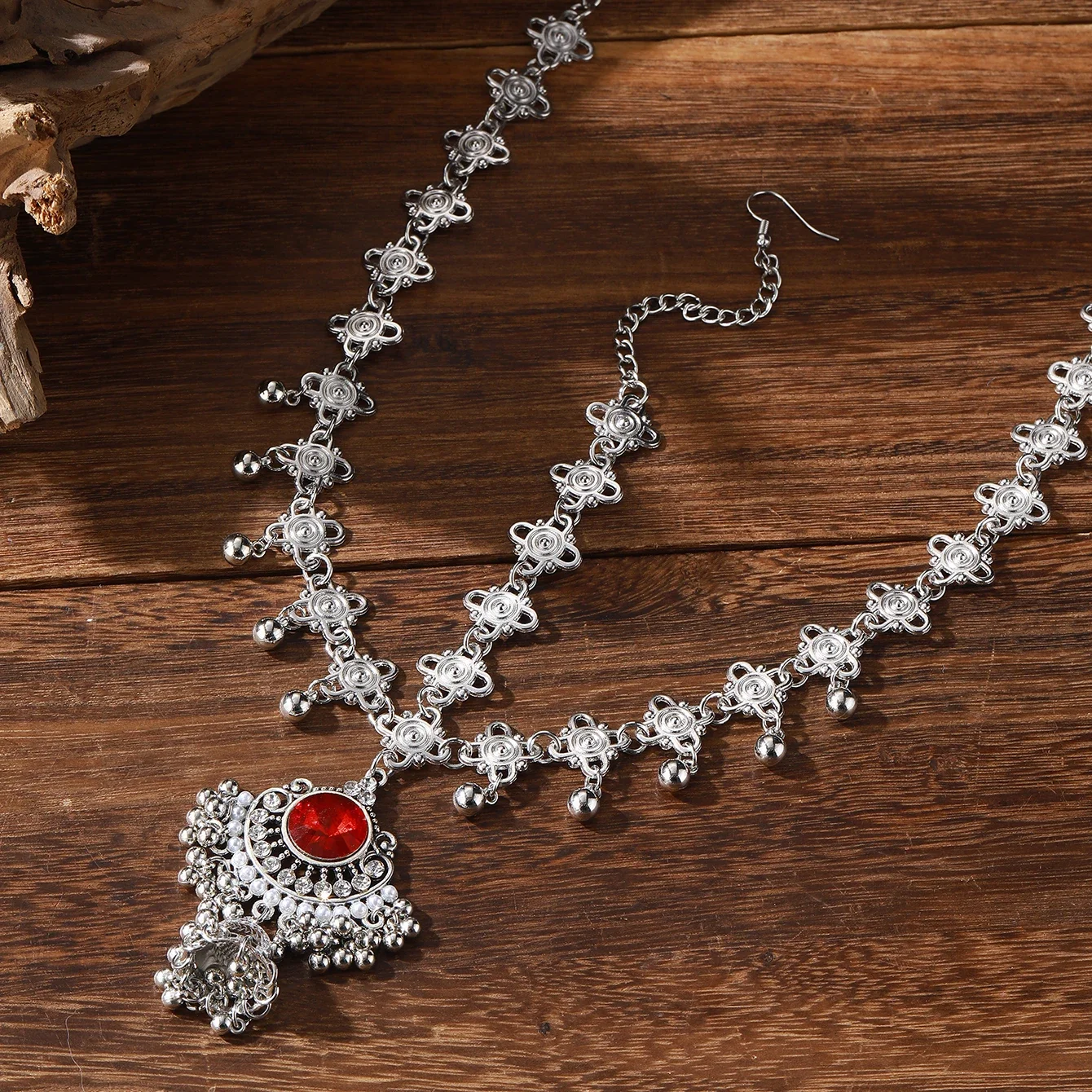 Vintage Roter Kristall Geometrische Anhänger Kette Stirn Kopfschmuck Frauen Indische Silber Farbe Perlen Quaste Haar Zubehör Schmuck Image