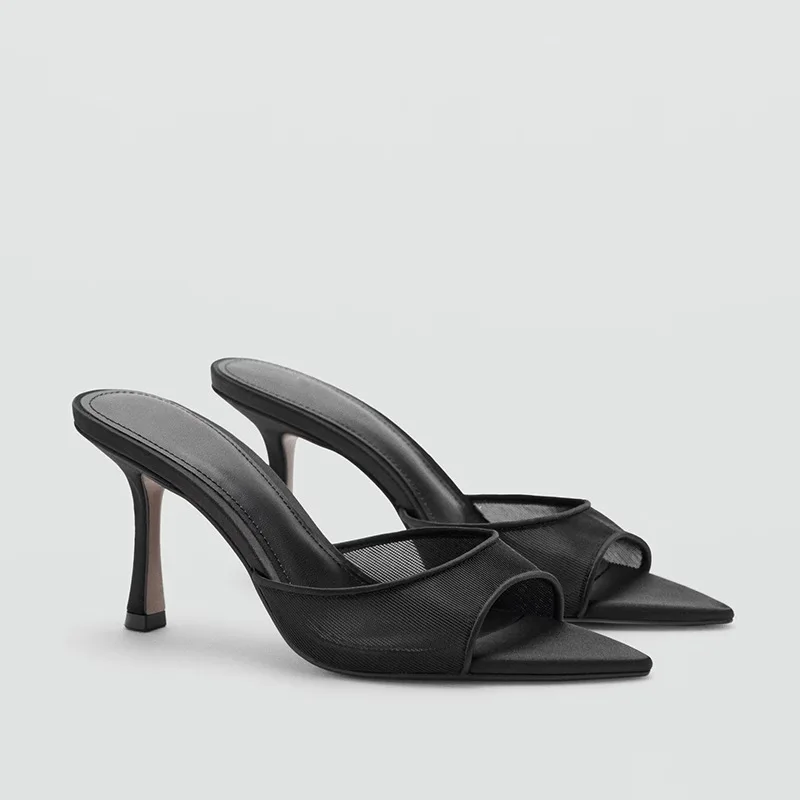 2026 New Women Black Mesh Mules Stiletto Heel Pointed Toe Slip-on Lightweight Breathable Office Party Comfortable Shoes