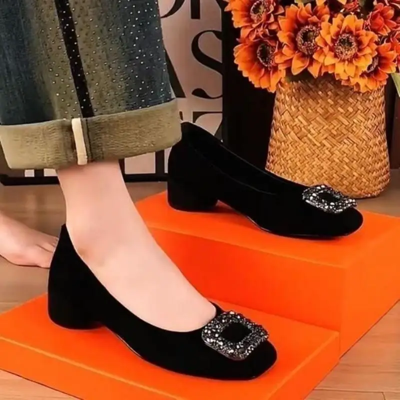 New Velvet Rhinestone Square Buckle Pumps Women Chunky Heel Office Shoes Elegant Low Heel Mary Jane Shoes