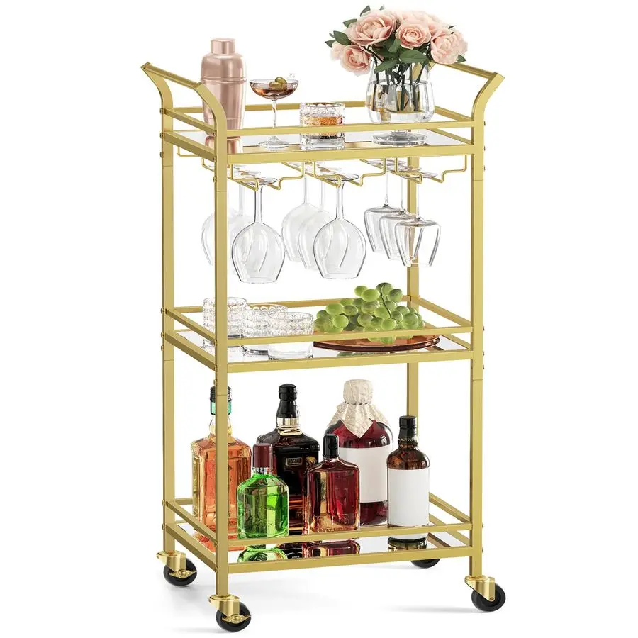 3Tier Drinks Trolley, Gold Bar Cart on Wheels, with Handles, Mirrored Glass Shelves, Serving Trolley for Small Spaces, Kitchen,