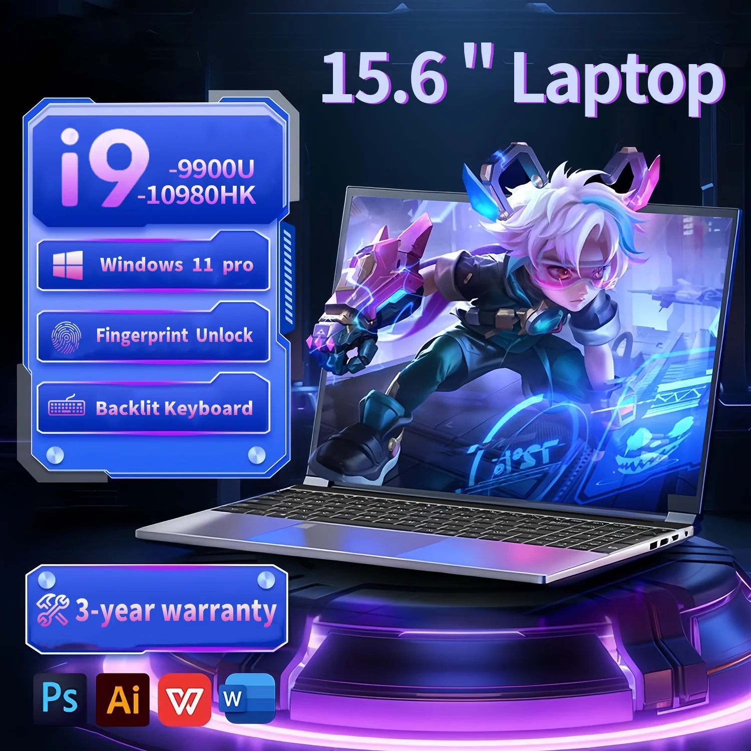 15.6" Laptop Computer Windows 11 Core i9-10980HK PC Gamer 16GB RAM Fingerprint Unlock Notebook Laptops Backlight Study Computer