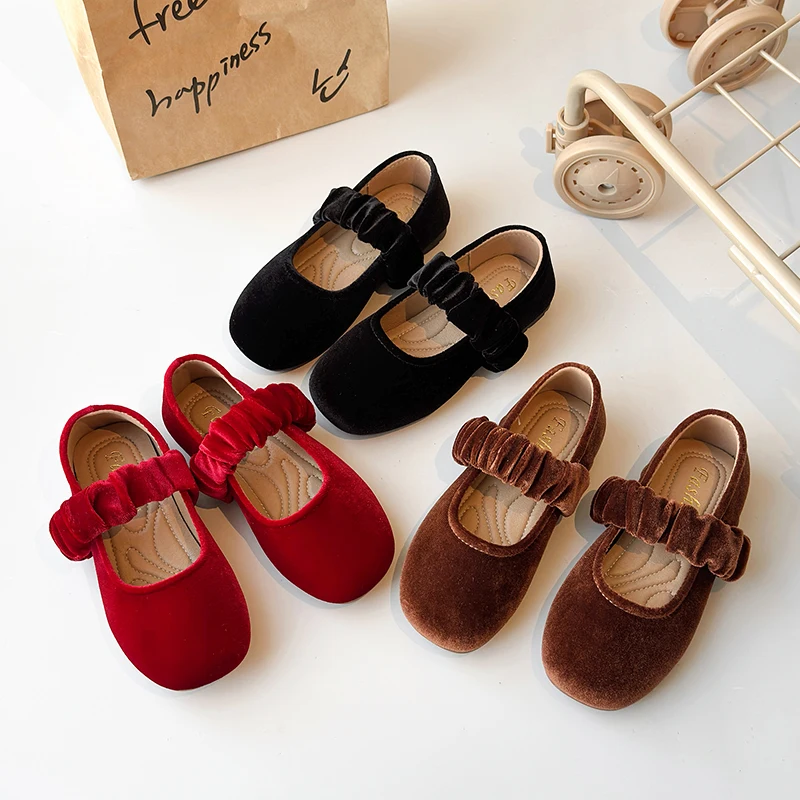 Frühlings-Prinzessinnenschuhe für Mädchen, Samt, elastisches Band, eleganter flacher Kinderschuh, einfarbig, niedrig geschnitten, rutschfeste Sohle, Kinderschuh, Größe 23–35