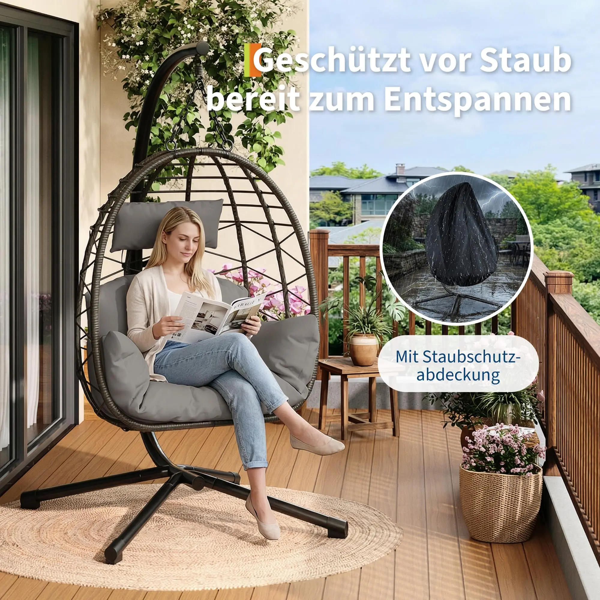 Hängesessel mit Ständer, wasserdichtem Kissen & Kopfstütze, Lounge-Hängematte mit Regenschutz für drinnen, draußen, Garten, Terrasse, Balkon