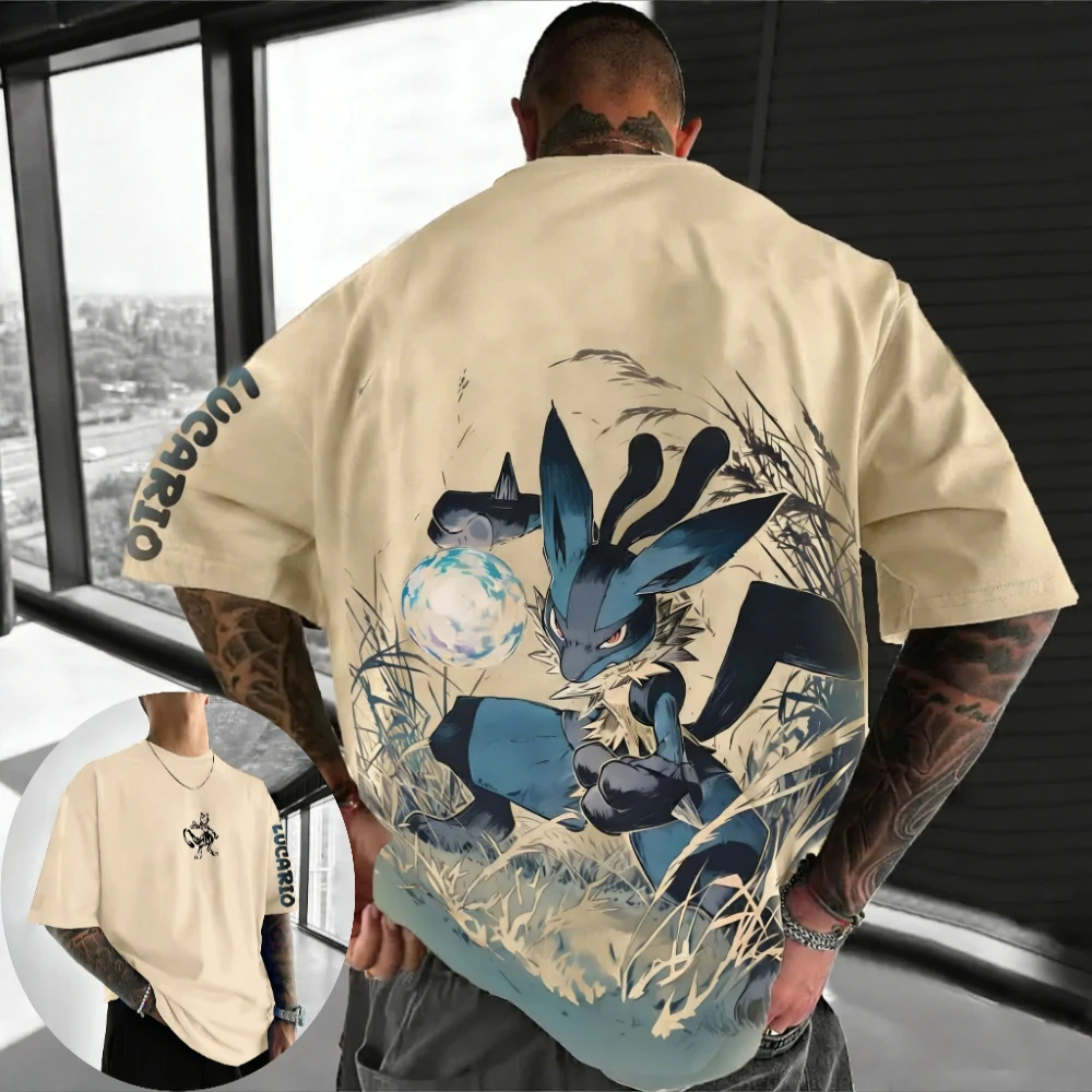 Pokémon Herren- und Damen-T-Shirt Lucario Anime Vielseitiges T-Shirt Sommer und Frühling Neue kurzärmelige Eltern-Kind-Outfits für Jungen Image