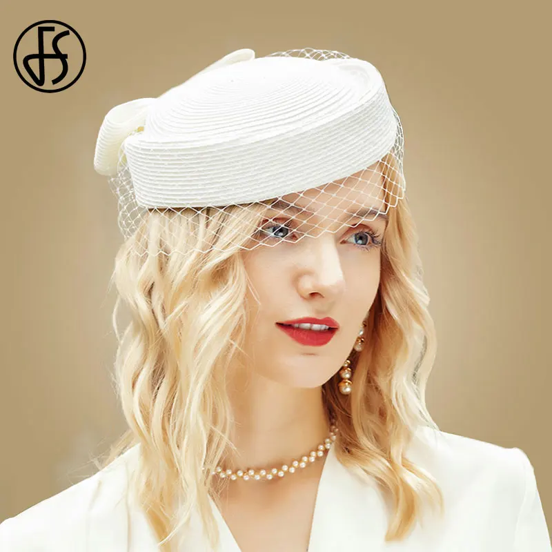 FS Fascinator cappelli bianchi portapillole berretto francese con velo cappelli di paglia neri maglia donna Fedora Cocktail Derby Party chiesa matrimonio