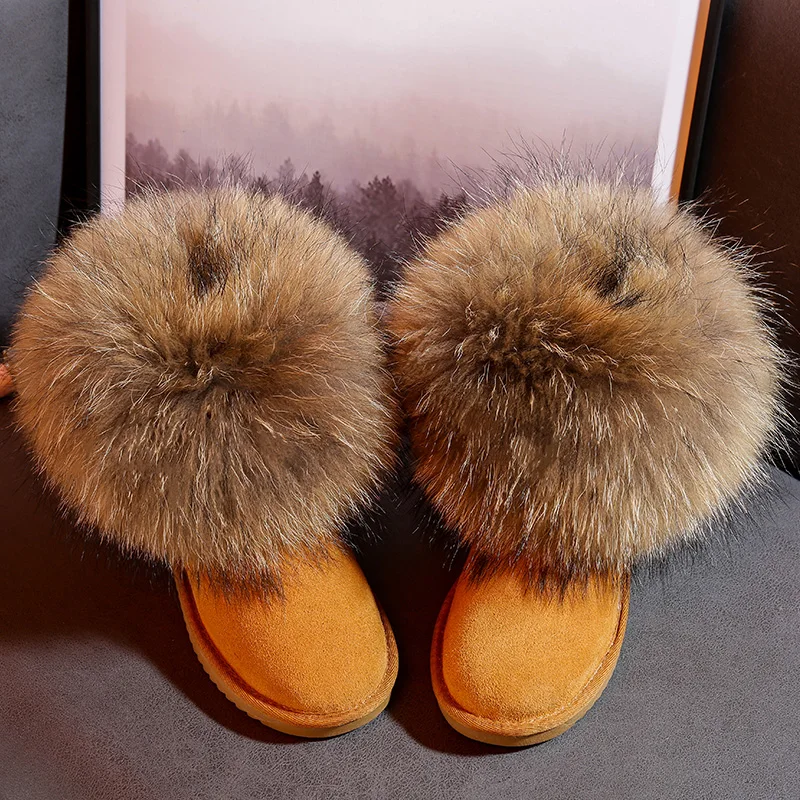 Echtes Leder Kinder Schuhe Angepasst Kinder Schnee Stiefel Natürliche Große Fuchs Pelz Kalten Winter Jungen Mädchen Warme Botas Baby Stiefel