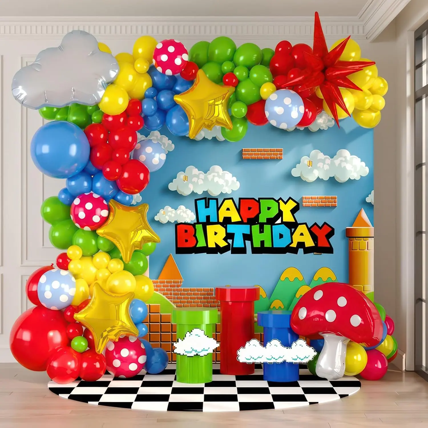 Rot Blau Grün Gelb Wolken Pilz Stern Ballons Bogen-Set für Cartoon Videospiel Super Bros Geburtstag Inspirierte Party-Dekoration Image
