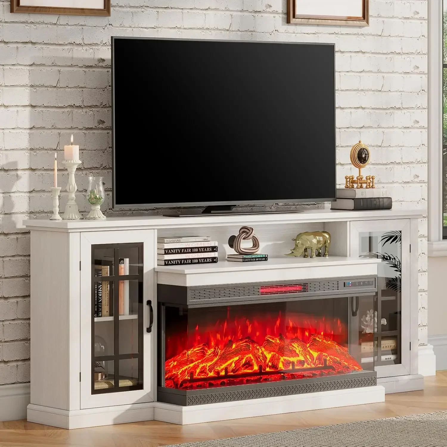 36-Zoll-TV-Ständer aus dreiseitigem Glas mit Kamin für Fernseher bis zu 80 Zoll, rustikaler Media-Entertainment-Konsolentisch mit Stauraum