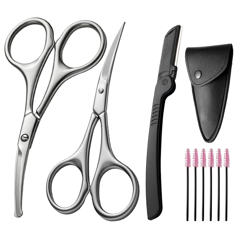 1/9 Stück Edelstahl-Augenbrauen-Nasenhaarschere mit Kamm, Gesichtshaartrimmer, Bartpflege-Werkzeug für Männer und Frauen Image