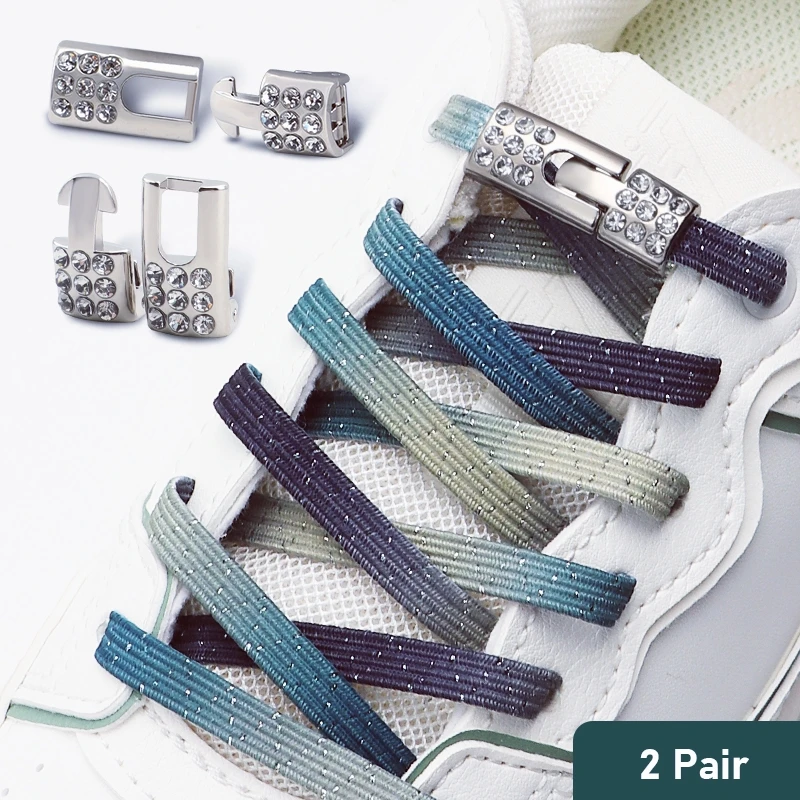 2 Paar bunte elastische Schnürsenkel ohne Binden – Glitzernde elastische Schnürsenkel mit Bling-Diamant-Kreuzverschlüssen – Schuhzubehör für einfaches Anziehen Image