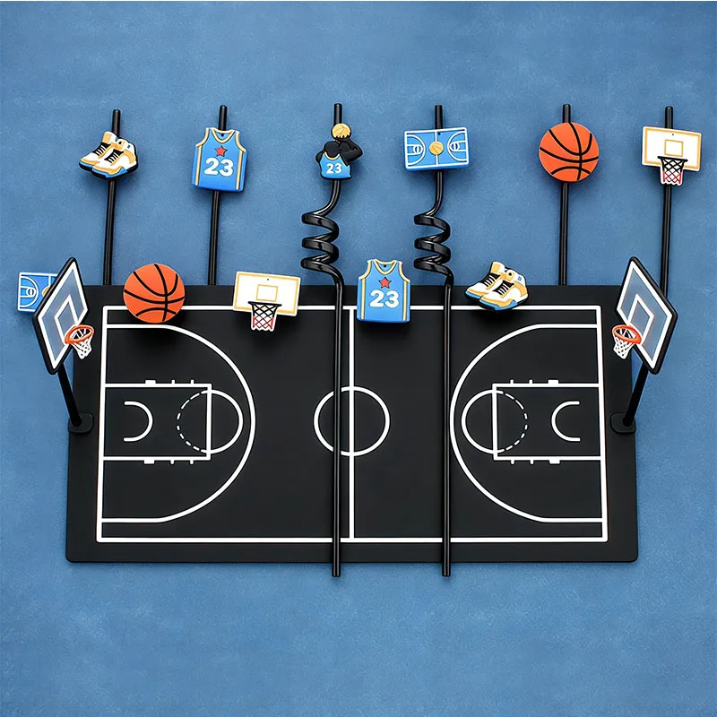 Schwarze Spiral-Trinkhalme mit Basketball-Motiv, Wiederverwendbare Plastik-Trinkhalme für Sport-Geburtstagsfeiern und Dekorationszwecke Image