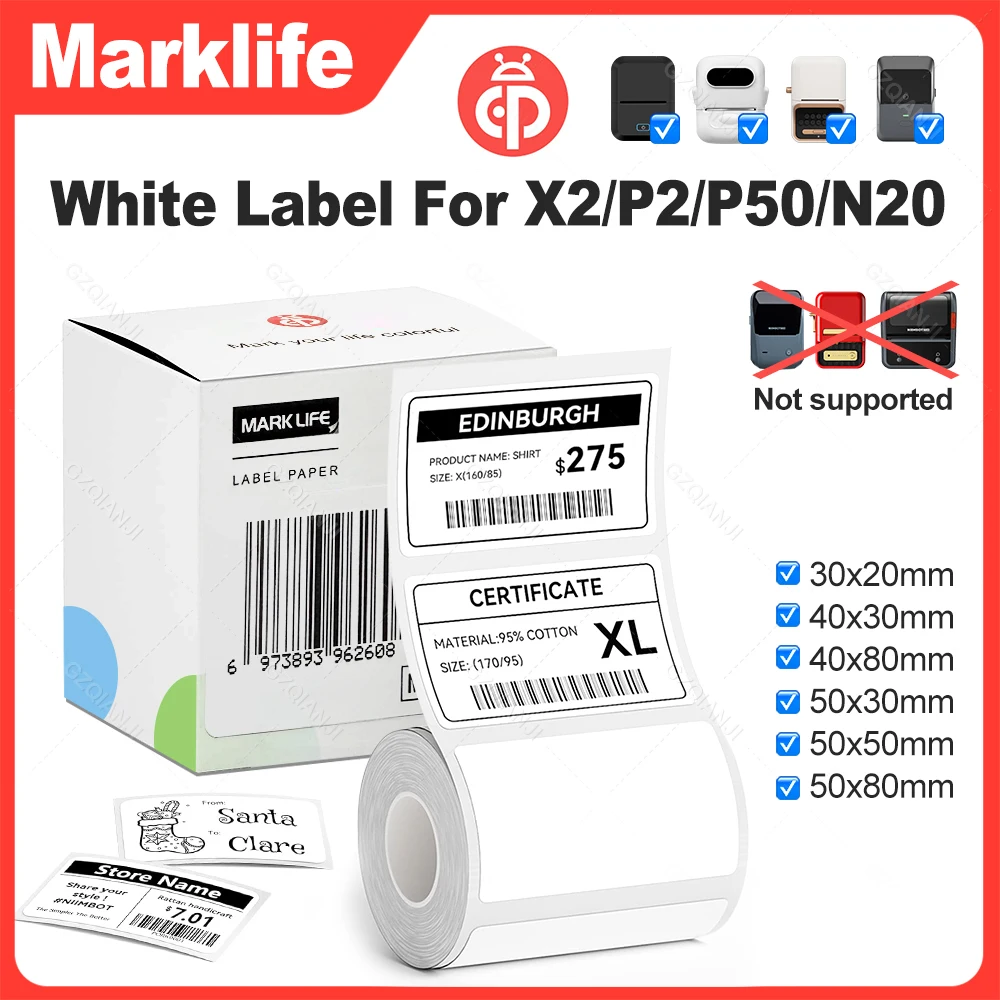 30–50 mm weiße Etikettenaufkleber, wasserfeste Papierrollen-Klebeetiketten für Marklife Etikettendrucker X2/P2/N20/P50 Small Business Image