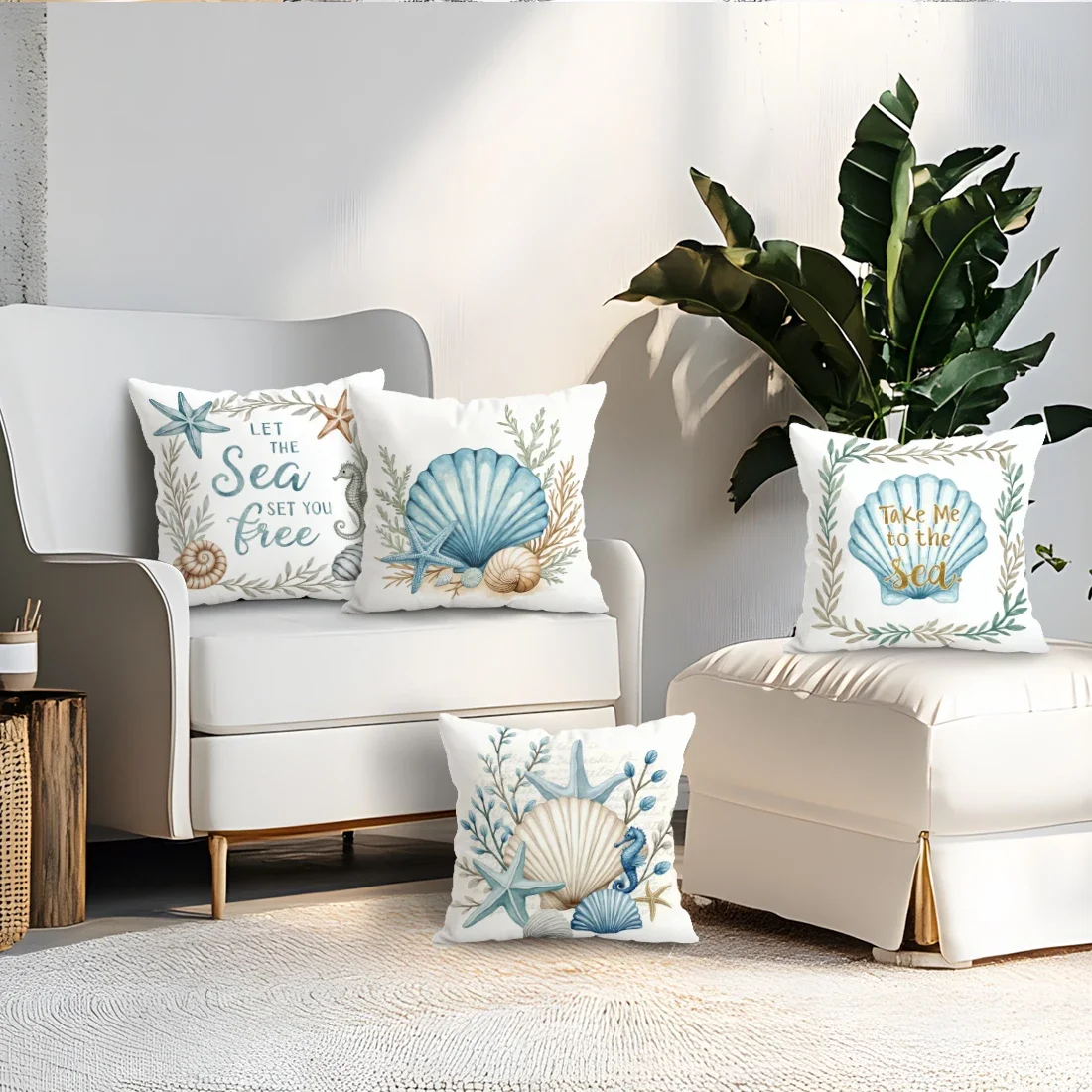 4 Stück einseitiger Kissenbezug mit blauem Ozean-Print für Wohnzimmer, Schlafzimmer, Auto, Heimdekoration