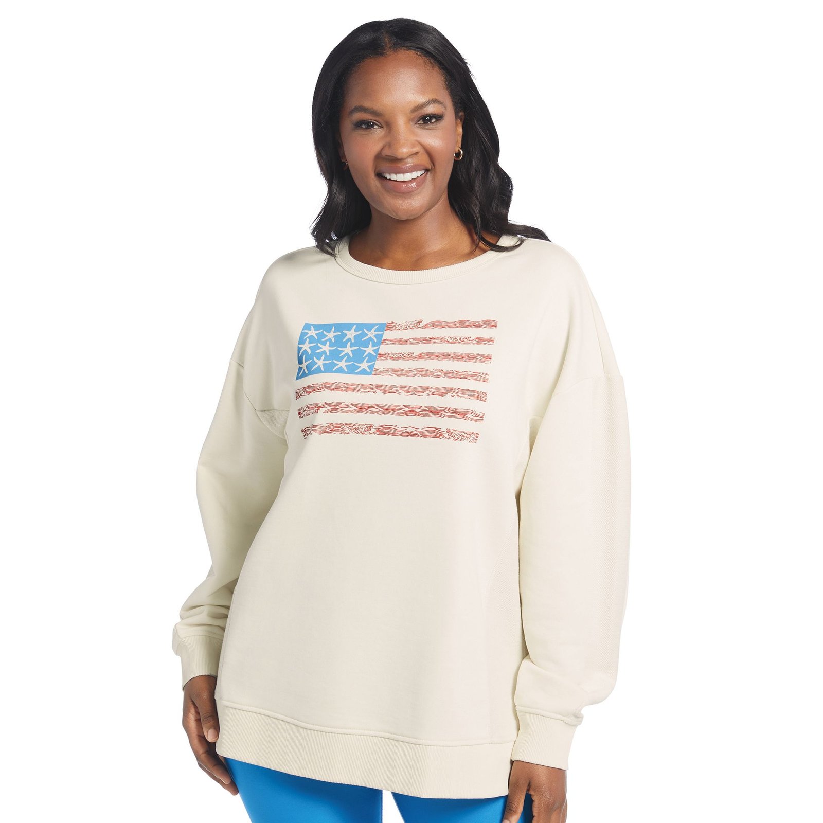 Masseys Lifestyle Crewneck Sweatshirt (Size 2X) Ivory/Starfish/Stripe, Cotton,Elastine
