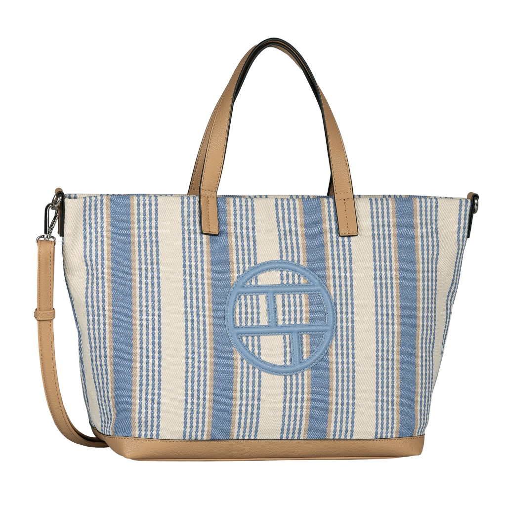 Shopper TOM TAILOR "Gilda", Damen, Gr. B/H/T: 46cm x 28cm x 14cm, hellblau, gestreift, Baumwolle, Lederimitat, kontrastfarbene Details, Taschen Shopper, Damen Umhängetasche, Tragetasche mit großem Tom-Tailor-Logo