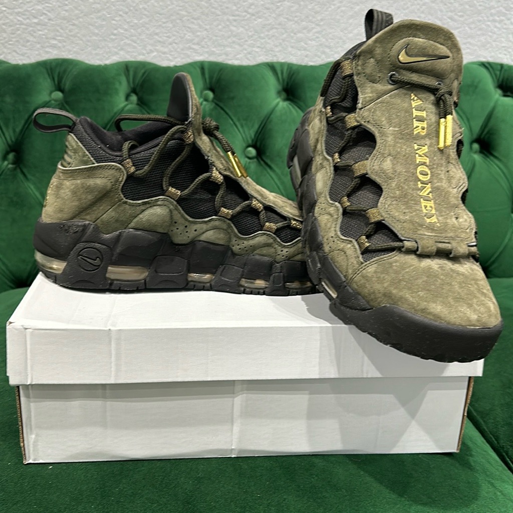 Nike Shoes | Men 9.5 Nike Air Money Sneaker. Olive Green, Black And Gold. Unique Nike Shoe. | Color: Black/Green | Size: 9.5
