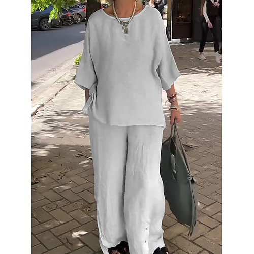 Damen Hosen-Sets Kunstbaumwollleinen Dreiviertelarm Rundhalsausschnitt Einfach Patchwork Urlaub Mode Streetwear Lässig Täglich Outdoor Schwarz Weiß Gelb Sommer Lässiger Schnitt Image