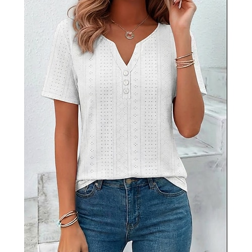 Damen T Shirt Sommeroberteile Bluse Stilvoll Klassisch Kurzarm V Ausschnitt Normale Oberteile Täglich Ausgehen Wochenende Blau Schwarz Weiß Rosa Purpur Sommer Frühling Image