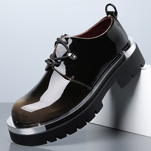 Burgunderrote Herren-Plateauschuhe aus Lackleder mit Schnürung und klobiger Sohle – formelle Schuhe für Partys, Nachtclubs, Bühnenauftritte, Modeveranstaltungen und einen ausdrucksstarken Stil. Image