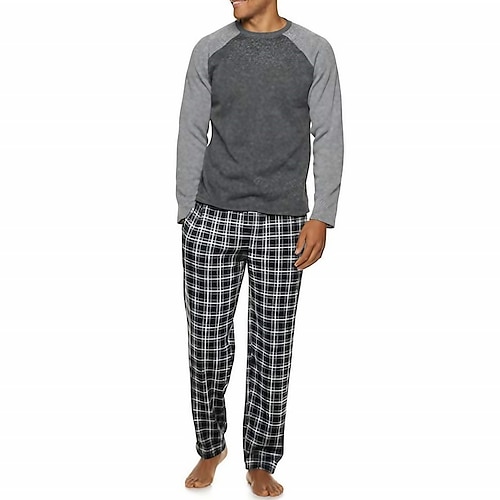Herren Hausanzug Schlafanzüge Schlafanzug Set Pyjama-Oberteil und Hose 2 Stück Plaid Stilvoll Brautkleider schlicht Komfort Heim Täglich Baumwollmischung Komfort Rundhalsausschnitt Langarm T Shirt Image
