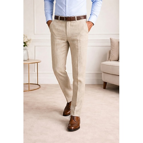 Herren Baumwolle Leinen Anzughose Freizeithose Geschäft Hochzeit Vintage Klassisch Zeitlos Formell Burgunderrot Dunkelgrün Hell Gray Frühling Sommer Hosen Einfarbig Normale Passform Lang Image